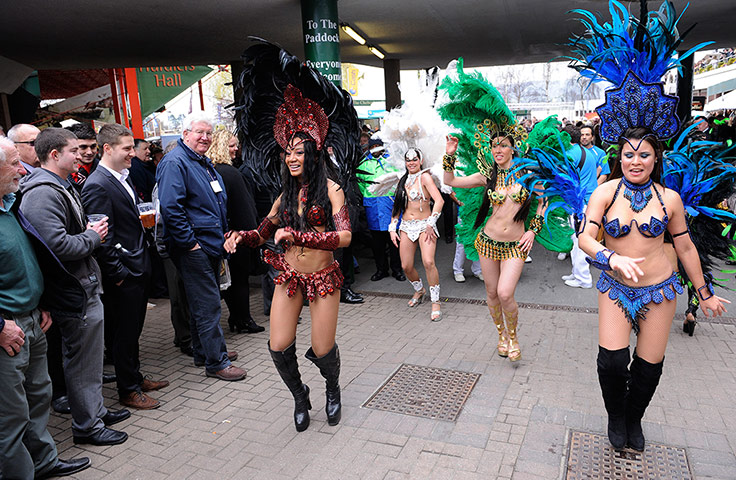 Cheltenham Gold Cup day: Brazilian samba dancers entertain the crowd at Cheltenham