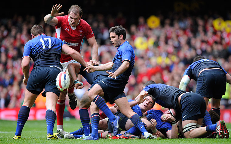 Wales v France: Dimitri Yachvili kicks as Alun Wyn Jones attempts to block