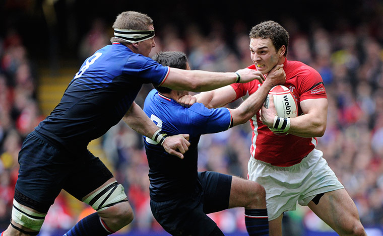 Wales v France: George North tries to hand off Harinordoquy and Yachvili