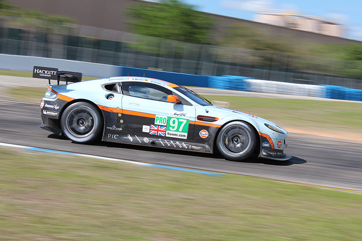 12 hours of Sebring : Britain's Aston Martin Racing Vantage V8 exits the hairpin