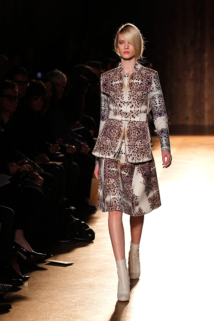 A model presents a creation by Roland Mouret during Paris fashion week