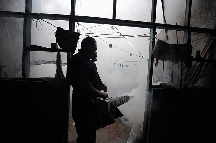 24 hours in pictures: A government worker fumigates a house against mosquitoes in Tegucigalpa