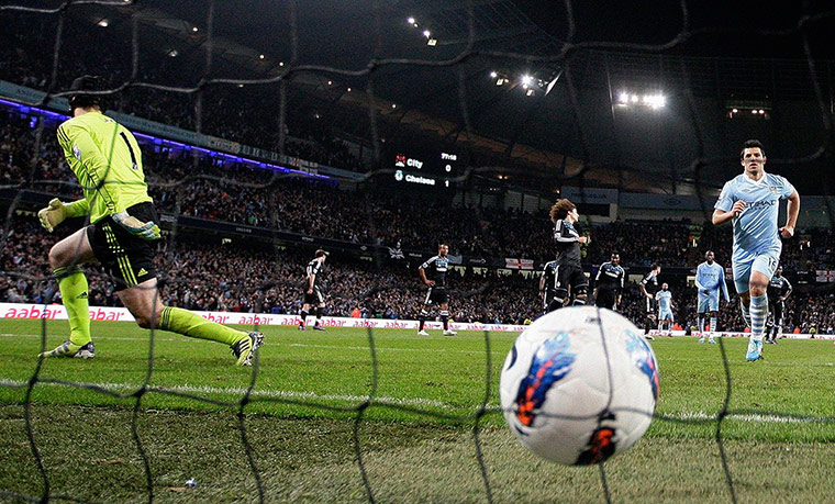 City v Chelsea: Manchester City's Sergio Aguero celebrates after scoring a penalty