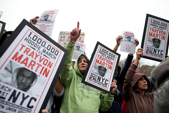 Trayvon Martin march: People hold up signs during the protest in Union Square