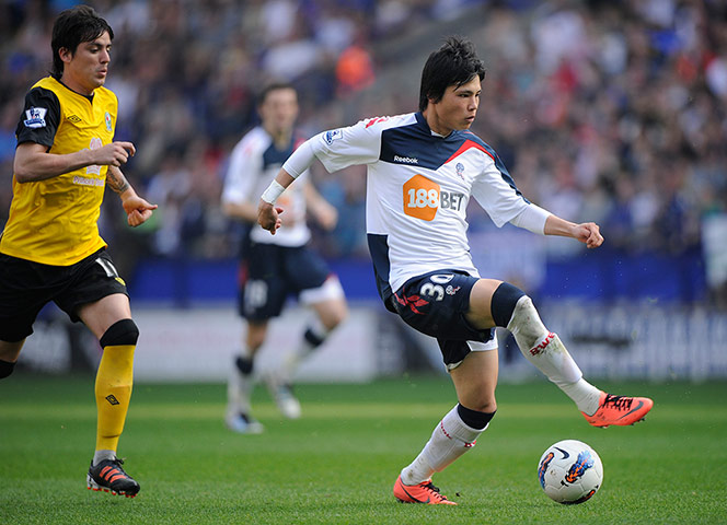 Bolton versus Blackburn: Ryo Miyaichi does a step over as he moves away from Mauro Formica