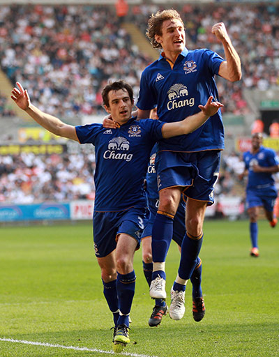 Saturday round-up: Leighton Baines of Everton celebrates scoring against Swansea City