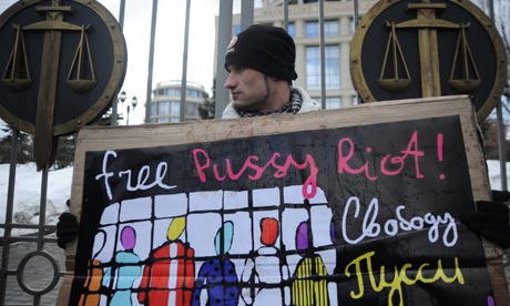 Outside a Moscow courthouse where three members of the group face charges of hooliganism following a cathedral gig. Photograph: Andrey Smirnov/AFP/Getty