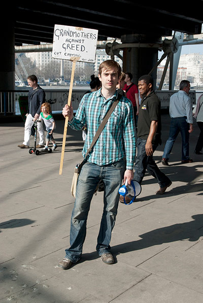 Placard gallery: Guy Atkins who organized the parade