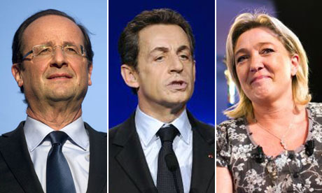 French presidental election: Francois Hollande, Nicolas Sarozy and Marine Le Pen