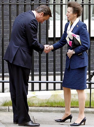 David Cameron badminton: David Cameron shakes hands with Britain's Princess Anne