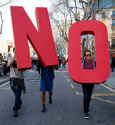 Barcelona: Demonstrators hold letters in central Barcelona