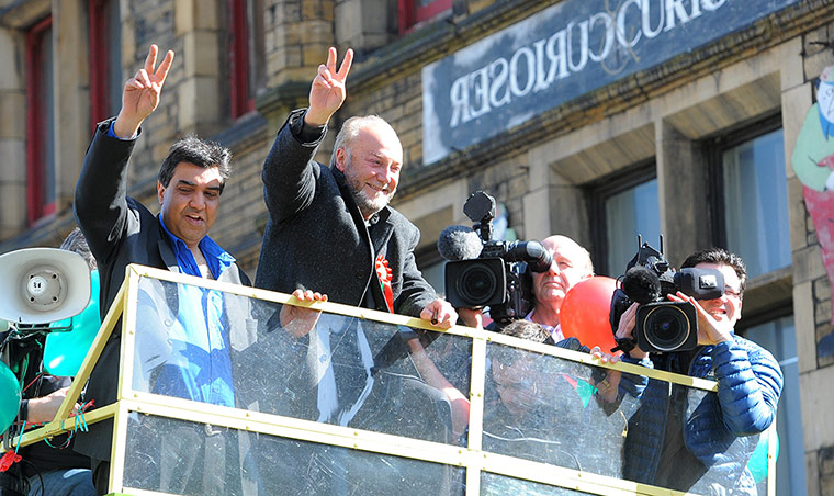 George Galloway Wins: Galloway celebrates after winning the Bradford West by-election