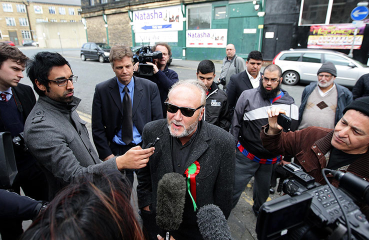 George Galloway Wins: MP George Galloway of the Respect Party speaks to the media in Bradford