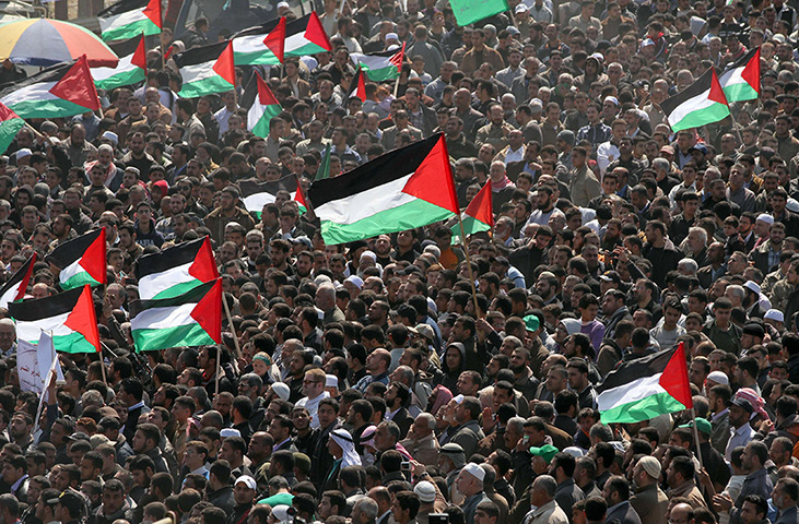 Land Day protests: Palestinian protesters hold up their national flag, Beit Hanun