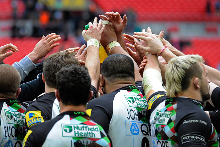 Saracen v Harlequins : Quins players celebrate their win by joining hands