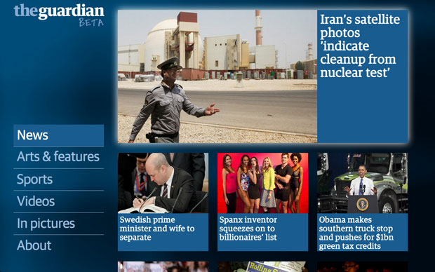 Guardian Google TV app - opening screen