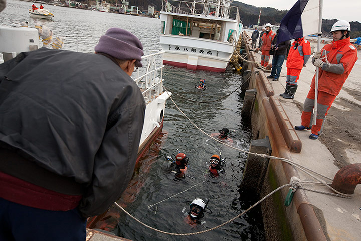 Japan tsunami: Japanese coast guard divers search the harbour for the bodies of victims