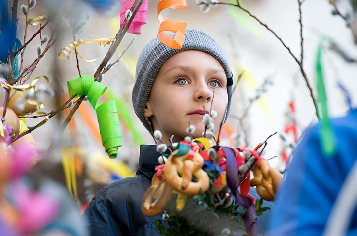 Palm Sunday: A  boy carries catkin twigs during a Palm Sunday procession