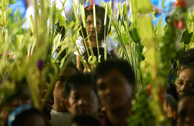 Palm Sunday: A Filipino Catholic girl waits for the blessing of palm fronds in Manila