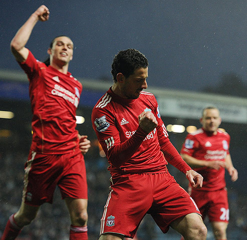 Blackburn v Liverpool: Maxi Rodriguez celebrates scoring against Blackburn Rovers