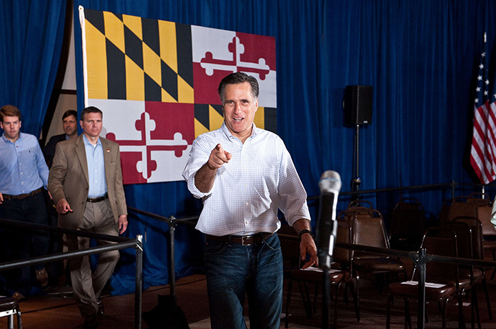 Pointing Mitt: Mitt Romney speaks to press following a campaign rally in Arbutus, Maryland