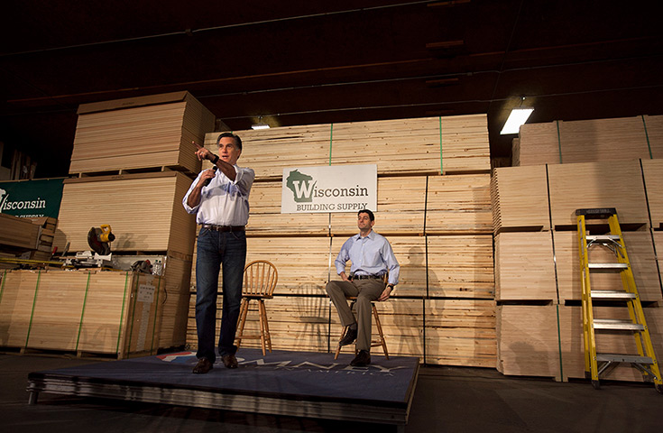Pointing Mitt: Mitt Romney speaks at a building supply store in Green Bay, Wisconsin