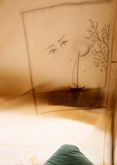 Boynuyogun refugee camp: Drawings on a tent canvas are seen at Boynuyogun camp