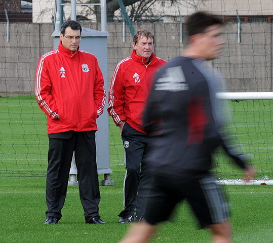 liverpool signings: Liverpool manager Kenny Dalglish and Damien Comolli at a training session 