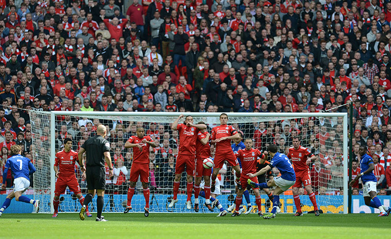 fa cup semi: Leighton Baines hits a free-kick against Liverpool