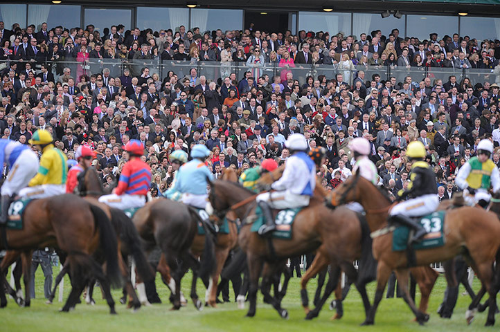 National: The packed stands watch the runners circle