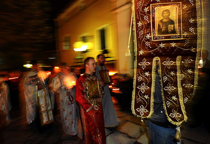 Orthodox Easter: Macedonian Orthodox priests attend a midnight Easter service in Skopje
