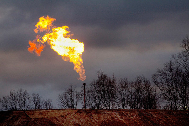 Fracking in Pennsylvania: A gas flare burns at a fracking site in rural Bradford County, Pennsylvania