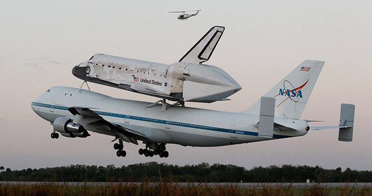 Space Shuttle: The space shuttle Discovery takes off