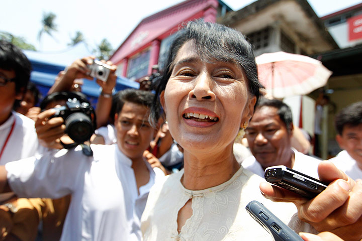 Picture desk live: Aung San Suu Kyi talks to reporters after a party meeting