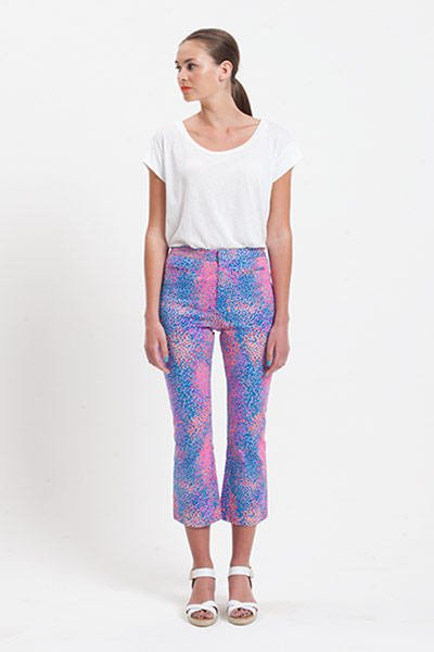 All Ages: Leonie wears a white t-shirt with blue and pink floral trousers