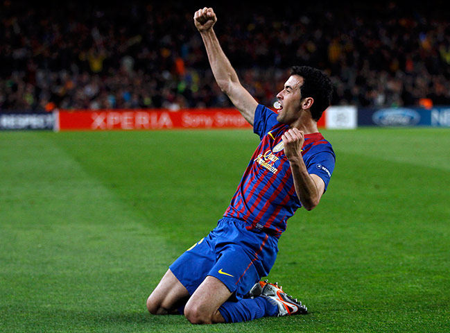 Barcelona v Chelsea: Barcelona's Busquets celebrates after scoring a goal agaisnt Chelsea