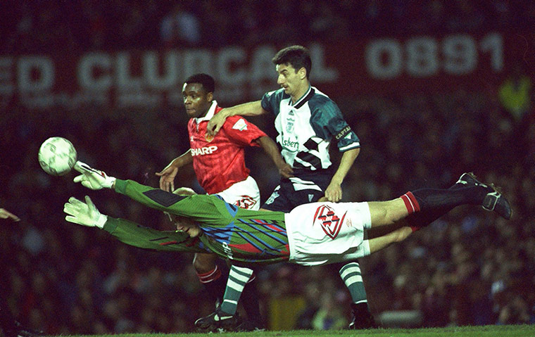 Barclays photo awards: Manchester United's Peter Schmeichel makes a flying save
