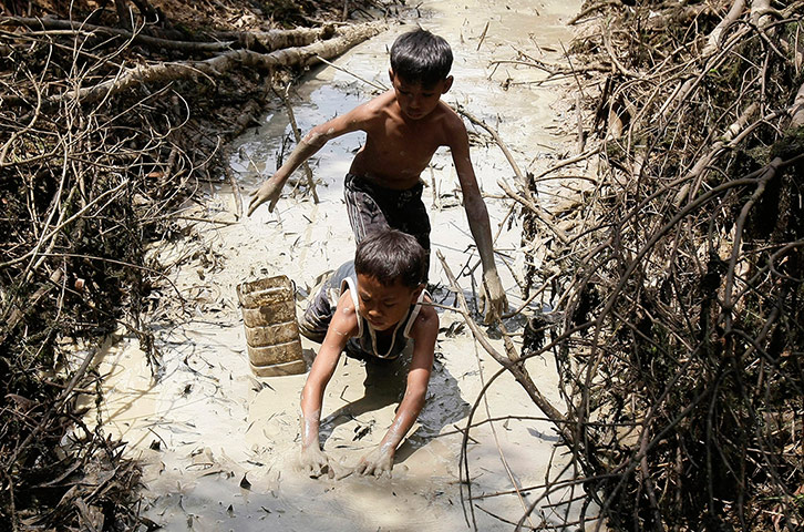 24 hours: Phnom Penh, Cambodia: Cambodian boys catch fish in a muddy stream