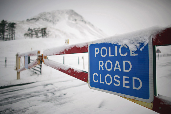 Snow returns: A road closed sign is displayed on the snow gates at Spittal of Glenshee