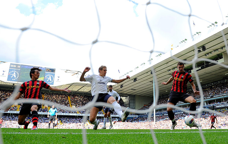 City versus United: Edin Dzeko of Manchester City scores his third goal