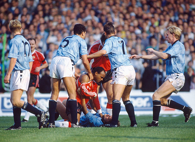 Past Manchester derbies: Manchester United's Danny Wallace grabs Manchester City's Andy Hinchcliffe
