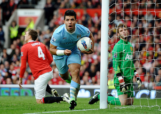 Past Manchester derbies: Manchester City's Sergio Aguero celebrates scoring against Man United