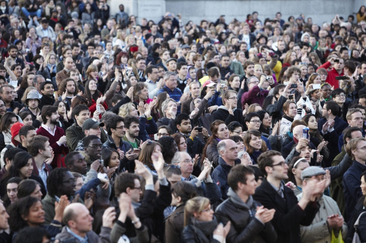 Trafalgar Sqaure: The audience show their approval 