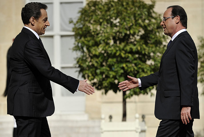 Picture desk live: Francois Hollande is welcomed at the Elysee Palace by Sarkozy
