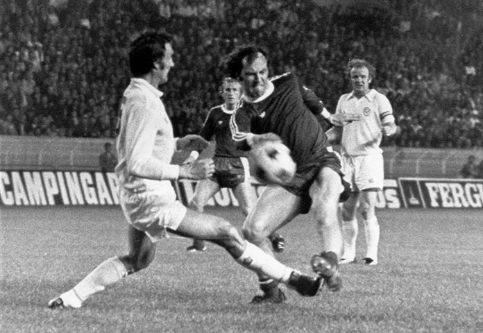 England v Germany: Bayern Munich's Franz Roth scores against Leeds United defender