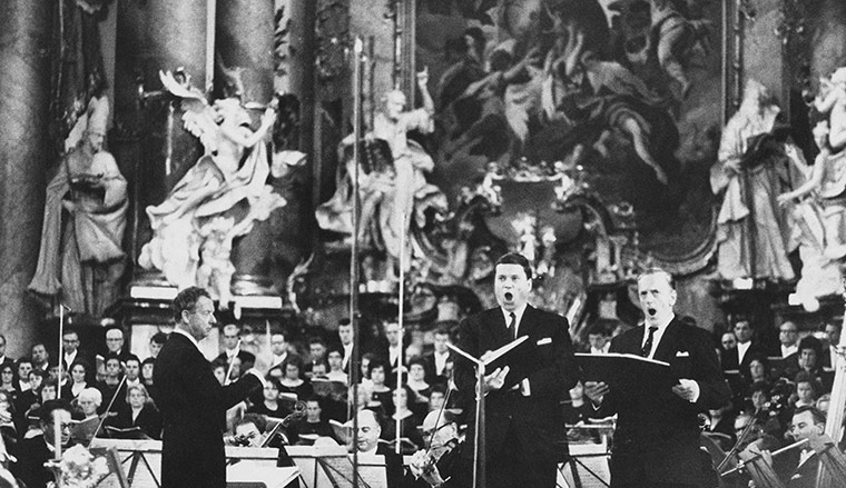 Dietrich Fischer-Dieskau: 1964: English composer Benjamin Britten (left) conducts 'War Requiem'