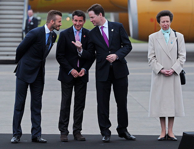 Olympic Torch Relay: David Beckham with Sebastian Coe, Nick Clegg and Princess Anne