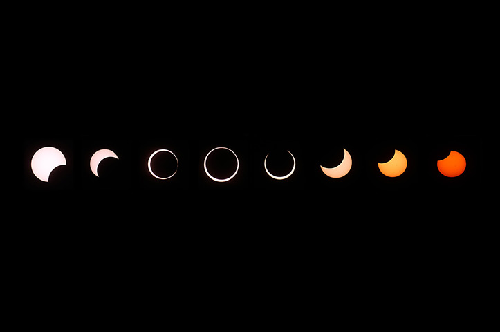 Solar eclipse: A composite shows several stages of an annular solar eclipse in California