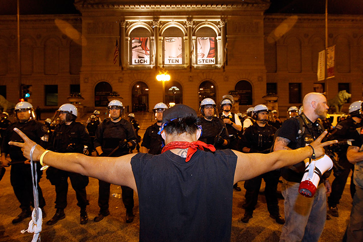 NATO summit protests: A protester stands at the Art Institute