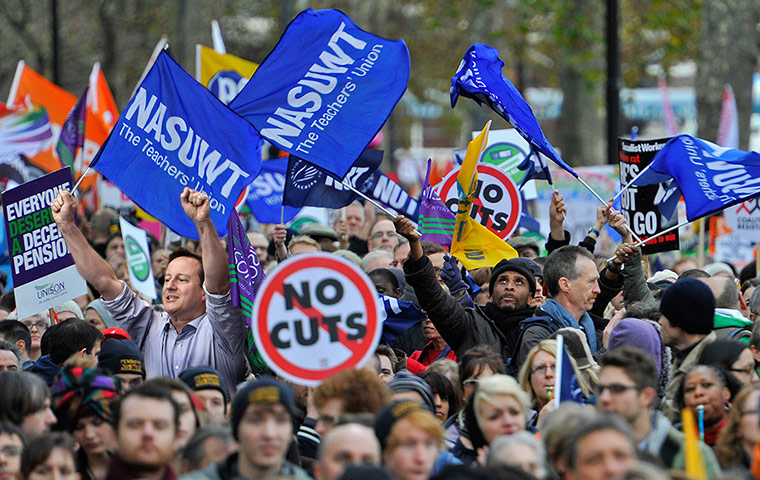 David Cameron celebrates: David Cameron joins a public sector protest
